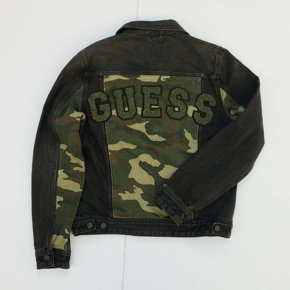 New GUESS Dillon Varsity Camo Denim Jacket sz M - Picture 11 of 12